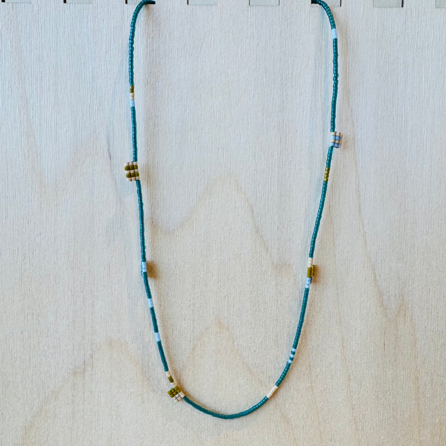 Emerald Green, Blue, Taupe Beaded Necklace