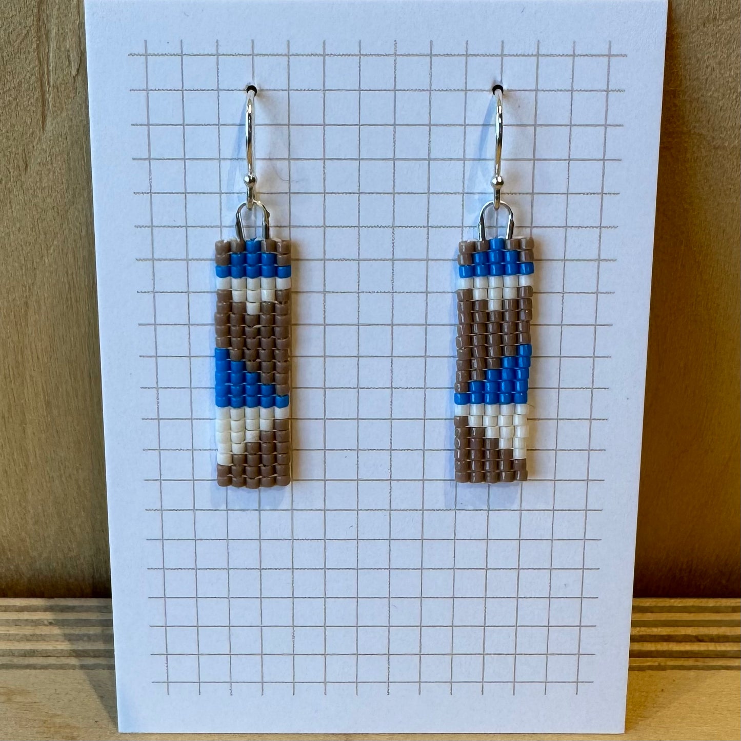 Glossy Bright Blue, Medium Tan & Warm White Bead Woven Earrings with Divided Diamond Pattern