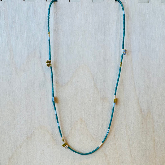 Emerald Green, Blue, Taupe Beaded Necklace