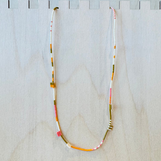 Coral, Orange, Olive and Cream Beaded Necklace