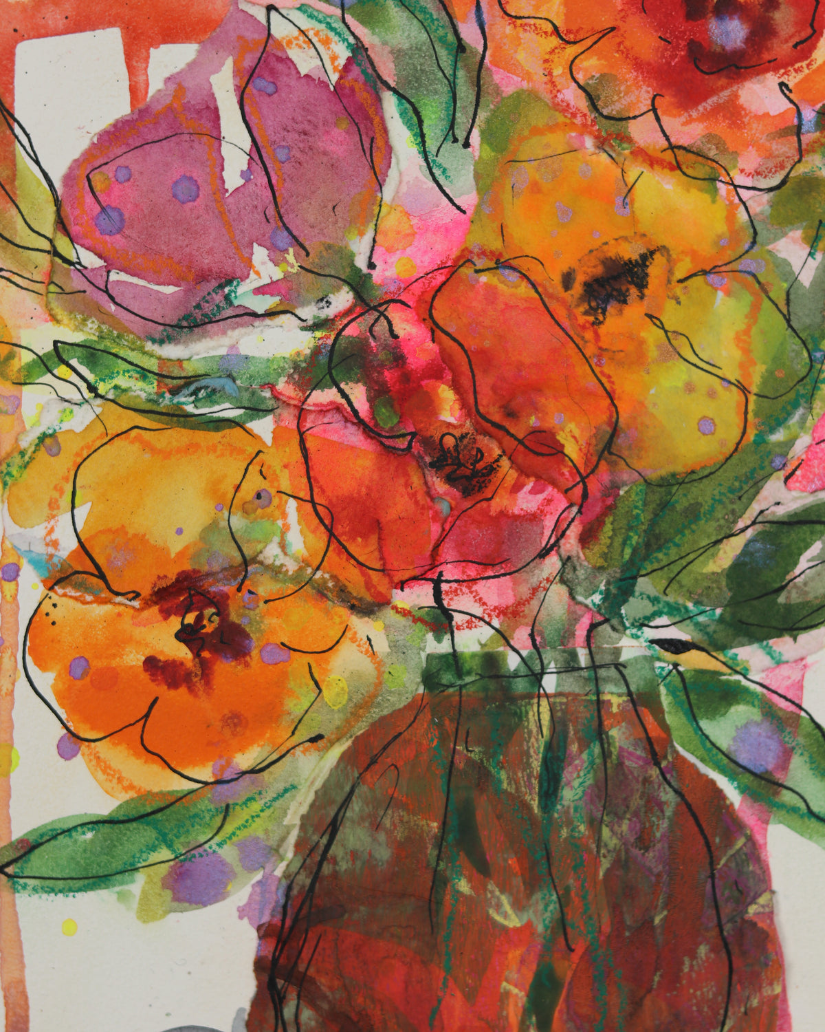 Drippy Pink Vase with Flowers