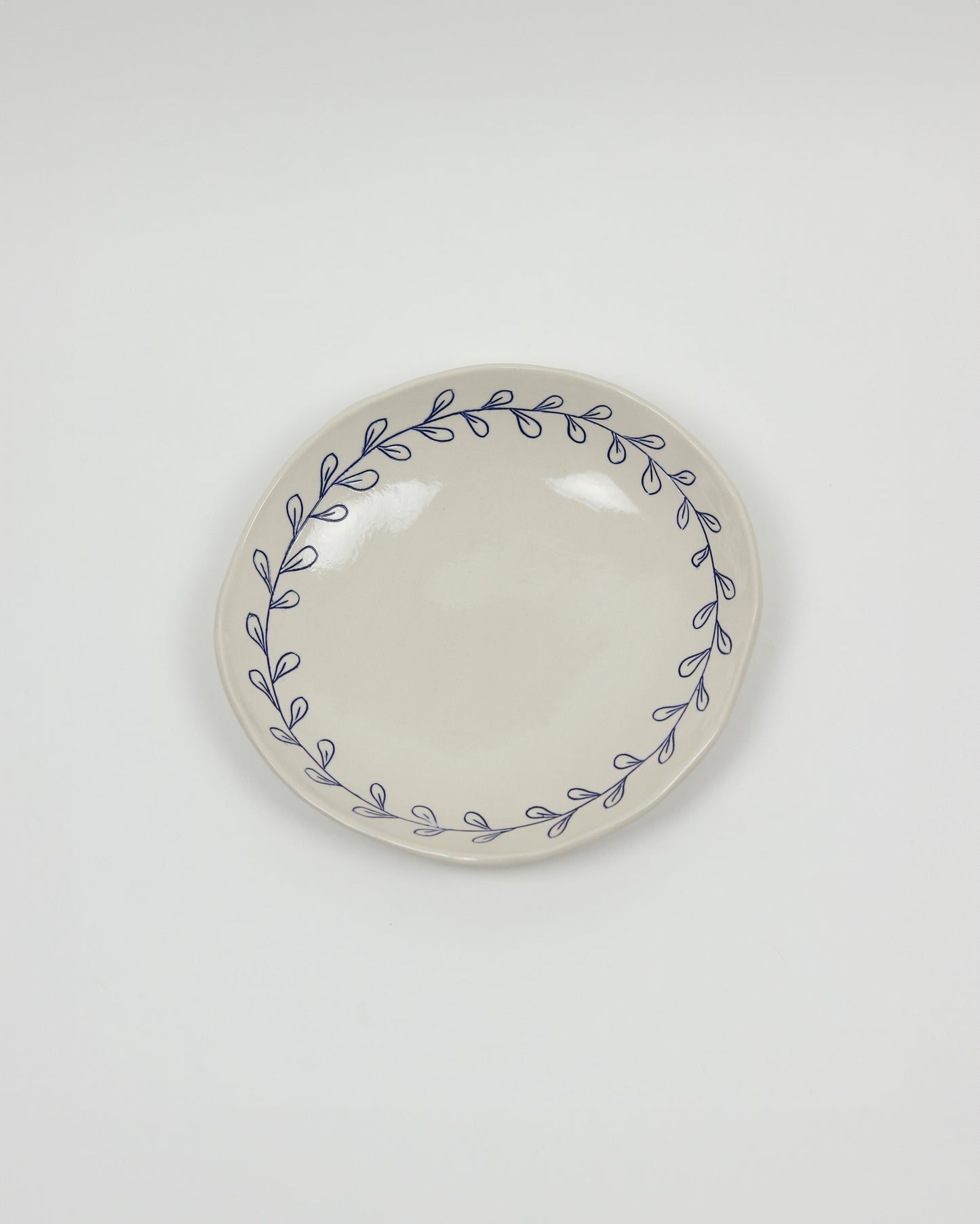 Shallow Bowl With Blue Leaf Border
