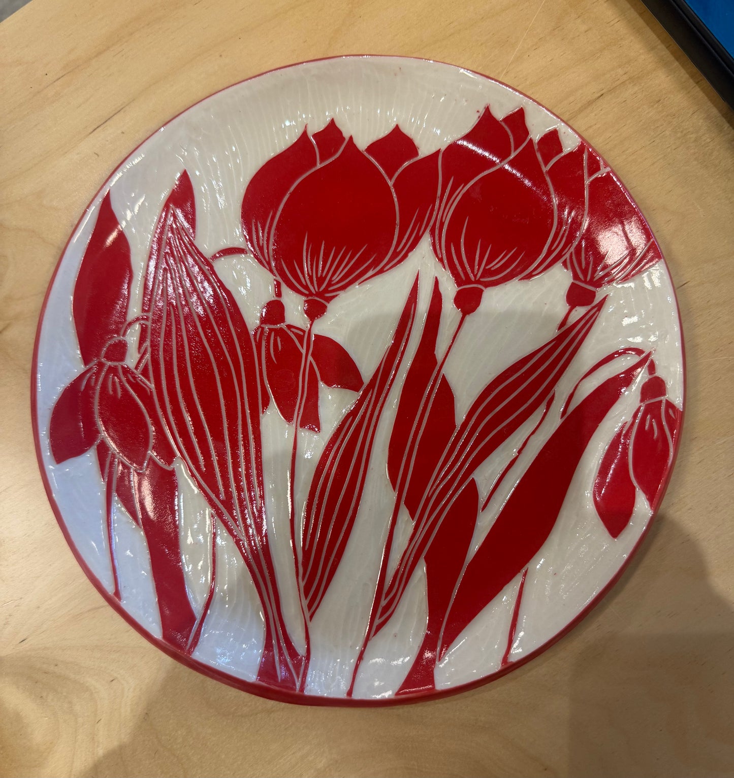 Red Flower Carved Plate