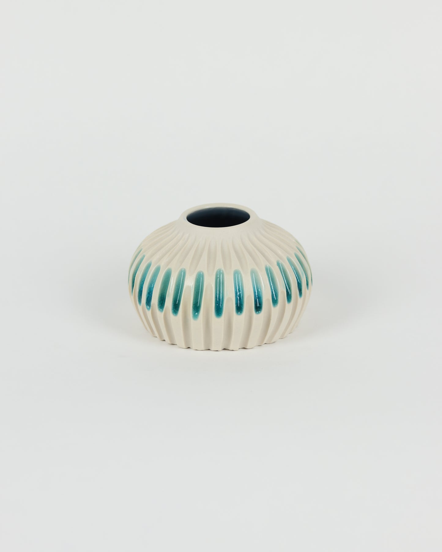 Short Carved Teal & Cream Vase with Inlay