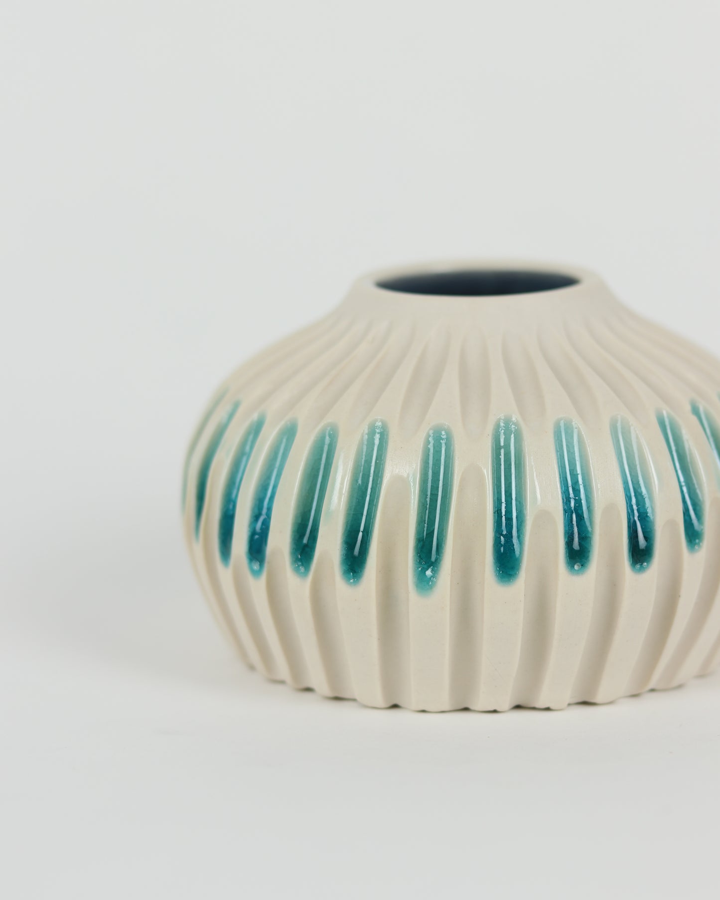 Short Carved Teal & Cream Vase with Inlay