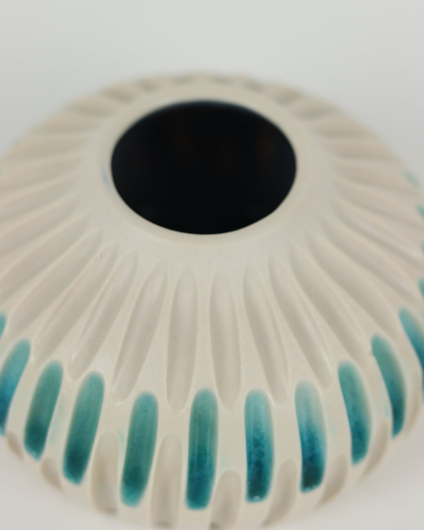 Short Carved Teal & Cream Vase with Inlay